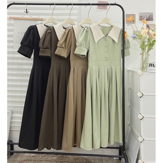 VÁY XẾP LY KHUY BỌC CỔ NHỌN