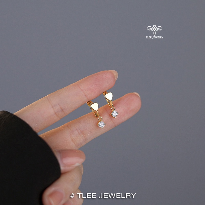Khuyên tai bạc nữ TLEE mẫu tròn trái tim đính tua đá mini đường kính 8mm đeo dáng ngắn TleeJewelry B0381