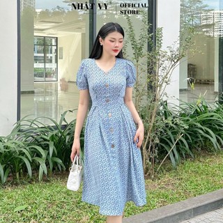 Đầm hoạ tiết đi chơi Nhật Vy chít ben cổ tim tay phồng thắt dây eo dáng xoè chất mango phù hợp dạo phố công sở - D2594