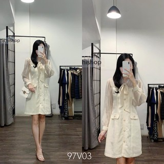 Váy dạ tweed thiết kế tay voan tơ cổ nơ màu kem - 97V03