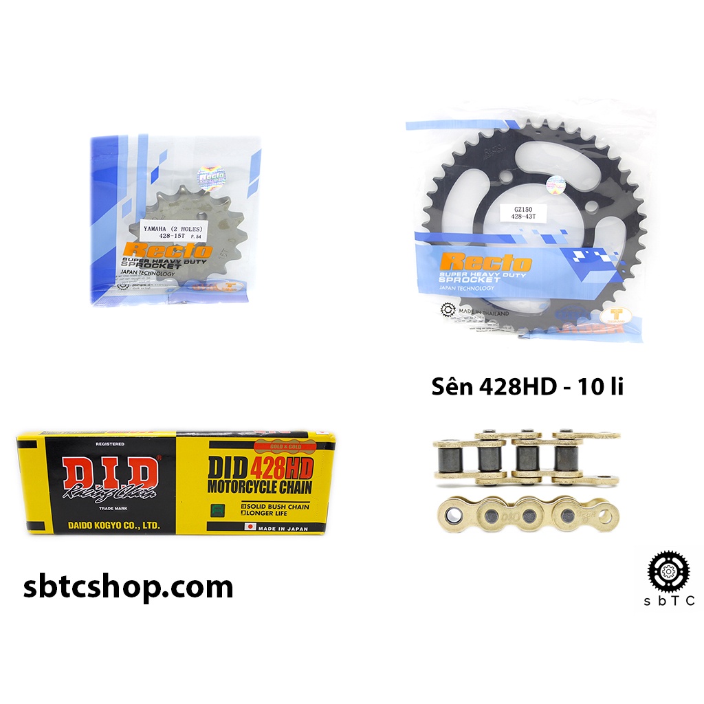 NSD Nhông dĩa RECTO sên DID vàng 428HD 10 li ly Suzuki GZ150 GZ chính hãng