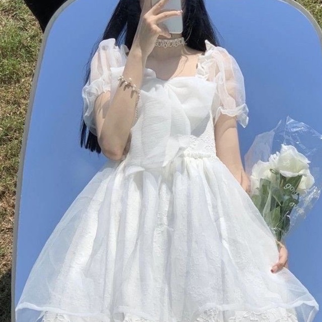 Đầm loli thắt nơ dáng ngắn 2 lớp dễ thương ☁️