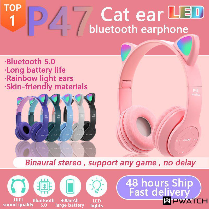 Tai Nghe Chụp Tai Không Dây Đèn Led Tai Mèo Dễ Thương P47m Tai Nghe Bluetooth Tai Nghe Âm Thanh Nổi Có Thể Gập Lại Với Micrô Âm Nhạc Quà Tặng Cho Bé Gái 【Pwatch】