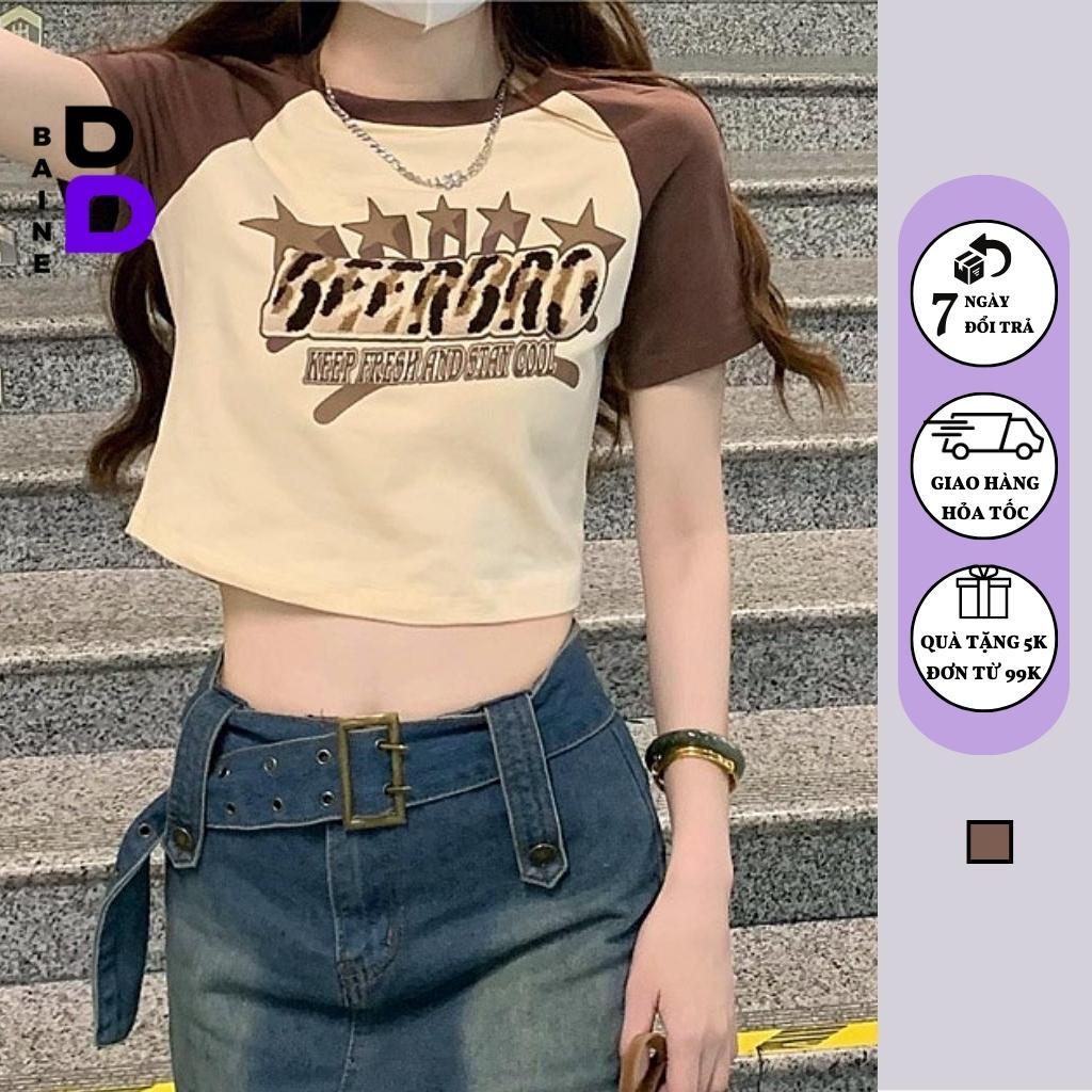 Áo Croptop Cổ Tròn Tay Ngắn BEER BRO Chất Thun Borip Kiểu Sexy Nữ, Áo Thun Ôm Body In Hoạ Tiết Đẹp Tôn Dáng BAINE