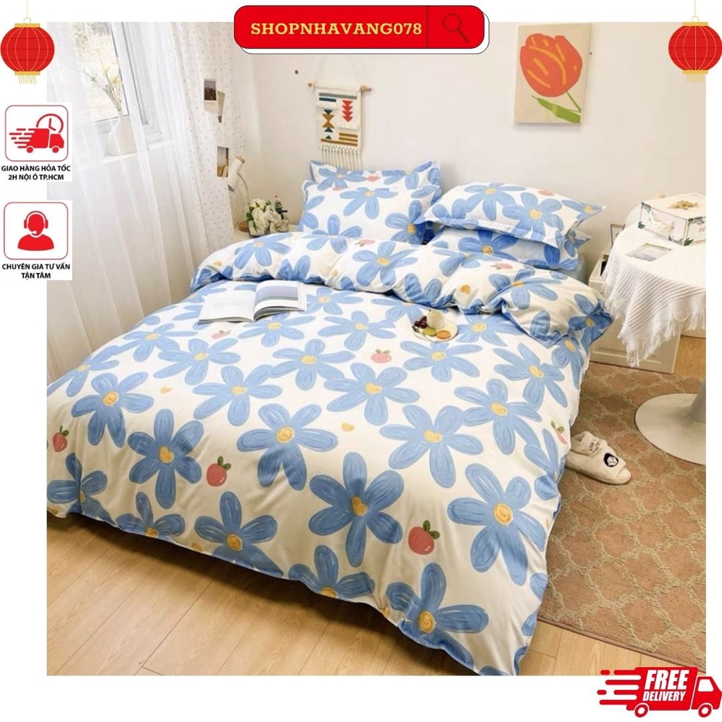 Bộ Ga Gối Drap Giường chất liệu Poly cotton 3 Món ( Ga trải giường + 2 áo gối ), kích cỡ 1m6x2m-MẪU HOA XANH TRẮNG