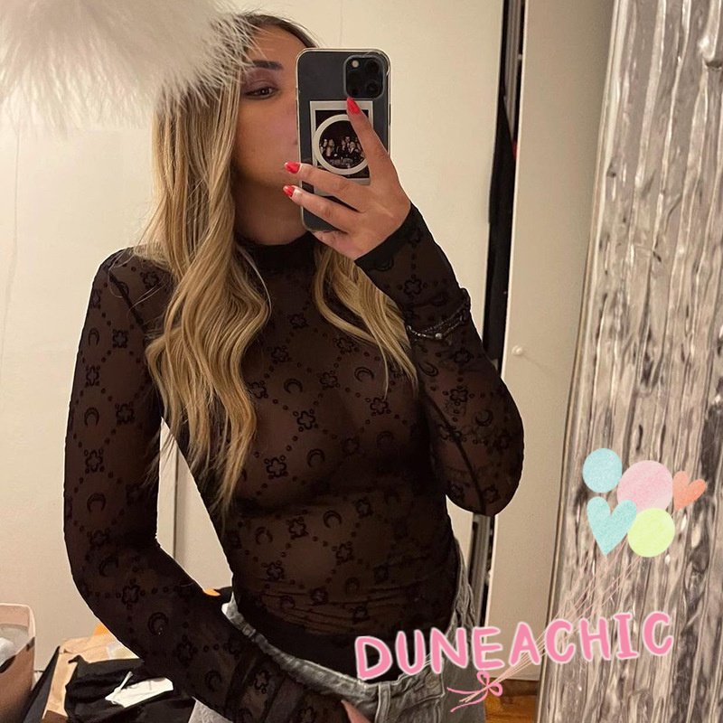 DUNEA Áo Kiểu Tay Dài Cổ Cao Phối Lưới Phong Cách Đường Phố Quyến Rũ