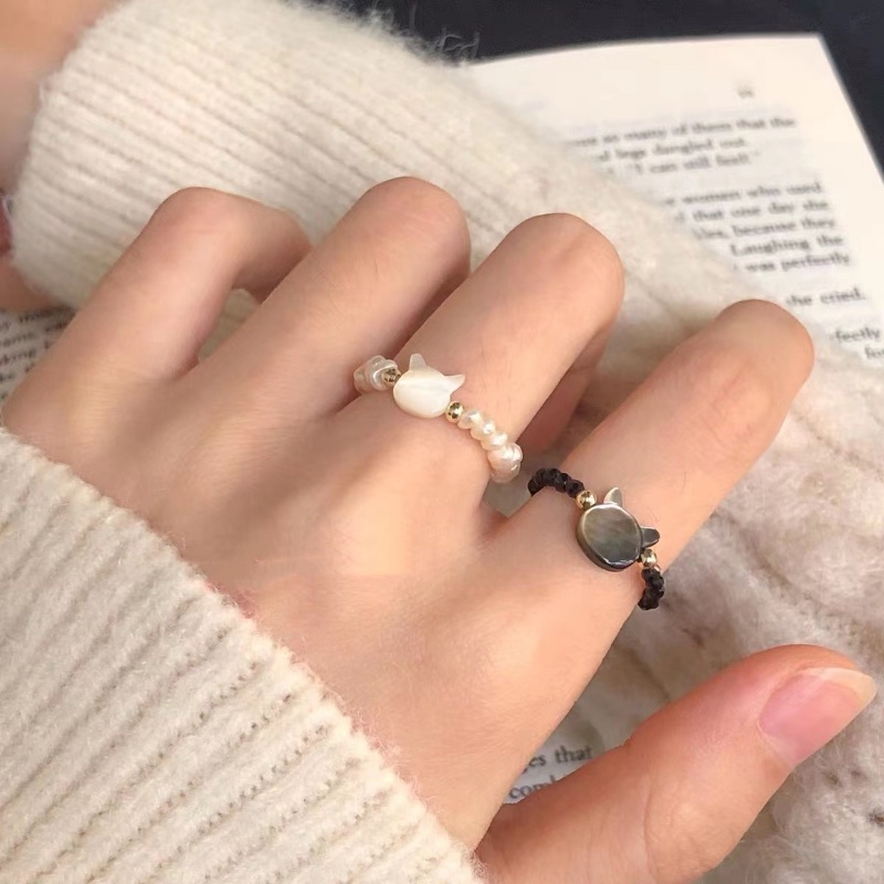 Nhẫn Cặp Xỏ Hạt Trắng Đen Đơn Giản Thời Trang Hình Mèo Dễ Thương Cho Cặp Đôi