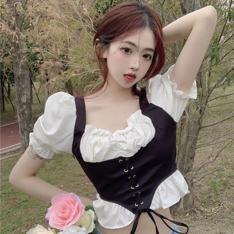 Áo kiểu XINLANYASHE cổ vuông phối màu sắc tương phản thời trang quyến rũ cho nữ