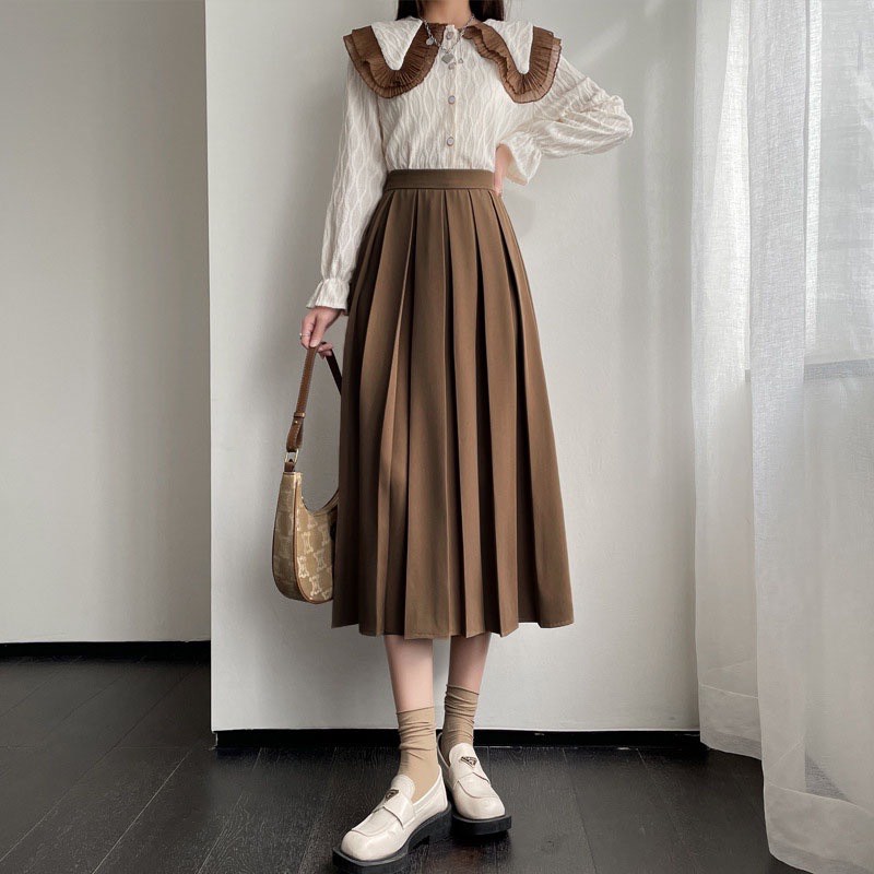 Chân váy Midi xòe dáng dài xếp ly to có BIGSIZE đi làm đi chơi đi học xinh chất tuyết mưa dày dặn CV40