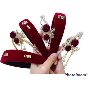 sản phẩm bờm nhung đỏ + cặp tóc đỏ + bờm ngọc T03