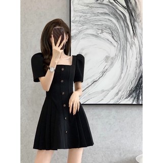 (Có BigSize) Đầm Váy Đen Cổ Vuông Xếp Li Eo Phối Nút