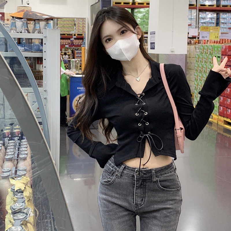 Áo Croptop Tay Dài Cổ Polo Dáng Ôm Gợi Cảm Cho Nữ