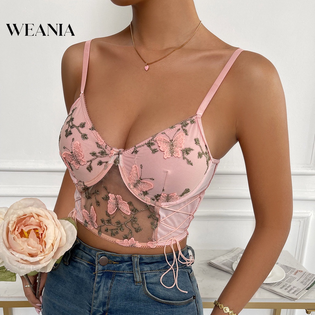 Áo Lưới Hai Dây Thêu Họa Tiết Bướm Thời Trang Mùa Hè