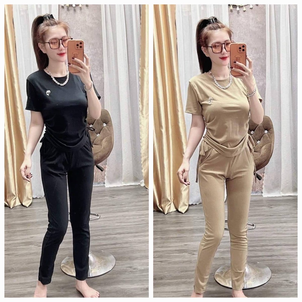 Đồ bộ nữ, set đồ bộ quần legging đai cao có túi và áo ôm ngắn tay rút dây vải thun cotton gân, đồ mặc ở nhà nữ