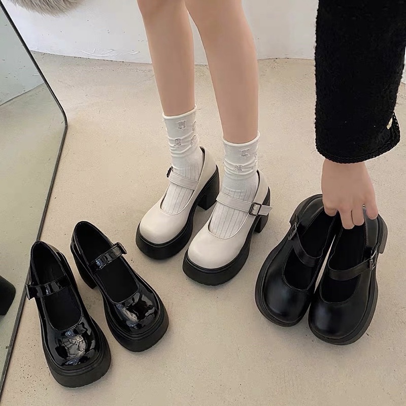 Giày cao gót Vintage Mary Jane đế trụ vuông dáng lolita 10cm