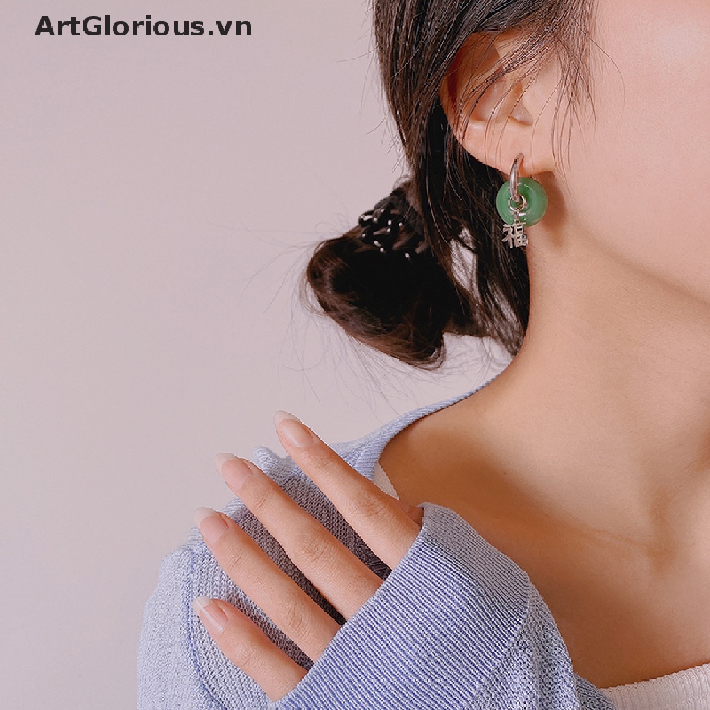 Bông Tai Tròn Bằng Thép Không Gỉ Đính Ngọc Bích Màu Xanh Lá Phong Cách Vintage Thanh Lịch