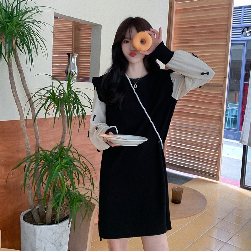 ZHELIHANGFEI Đầm Dệt Kim Tay Dài Dáng Rộng Giả Hai Lớp Xinh Xắn Cho Nữ