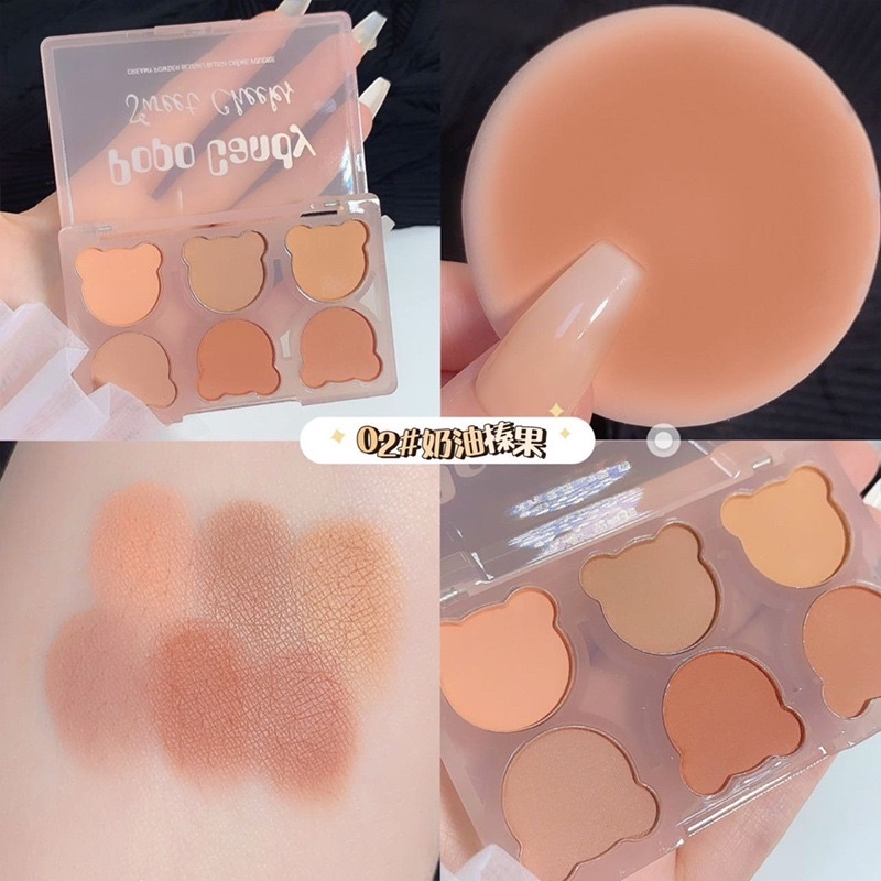 Phấn Má Hồng Tone Đất Màu Nude Tây 6 Ô Mini Hình Gấu - Blush Palette