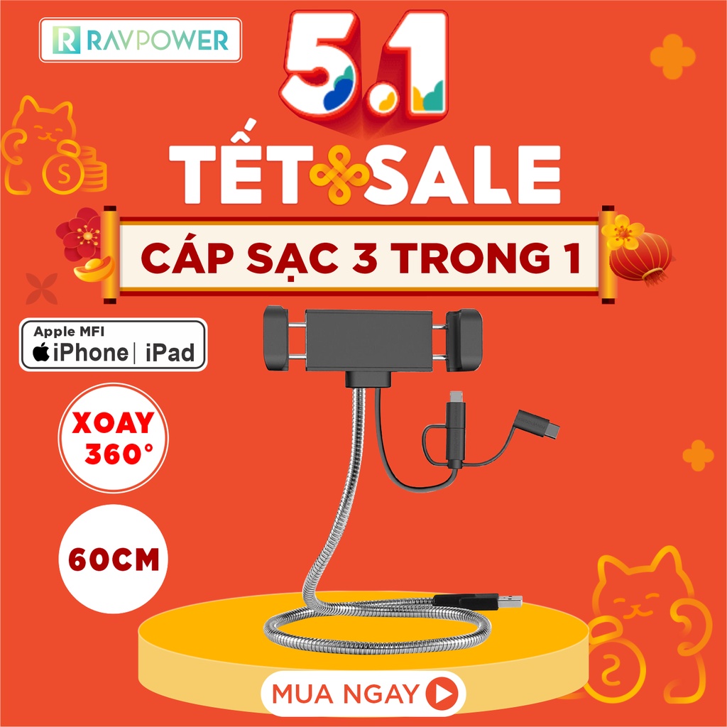 Cáp Sạc 3 Trong 1 Lightning, Micro USB, TypeC RAVPower RPCB015 Hàng