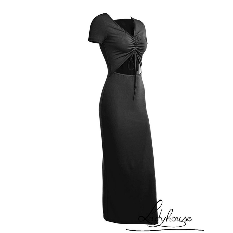 Đầm Dài Dệt Kim Tay Ngắn Cổ Chữ V Màu Trơn Thiết Kế Dây Rút Xẻ Tà Thời Trang Mùa Hè Cho Nữ