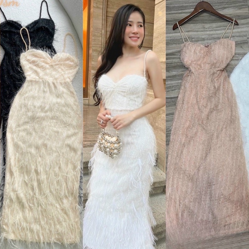 Hàng tk Đầm lông lót 2 dây đính cườm trắng đen hồng kem, váy ôm body dáng dài tiểu thư sang trọng quý phái dự tiệc cưới
