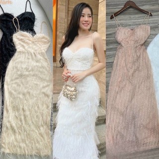 Hàng tk Đầm lông lót 2 dây đính cườm trắng đen hồng kem, váy ôm body dáng dài tiểu thư sang trọng quý phái dự tiệc cưới