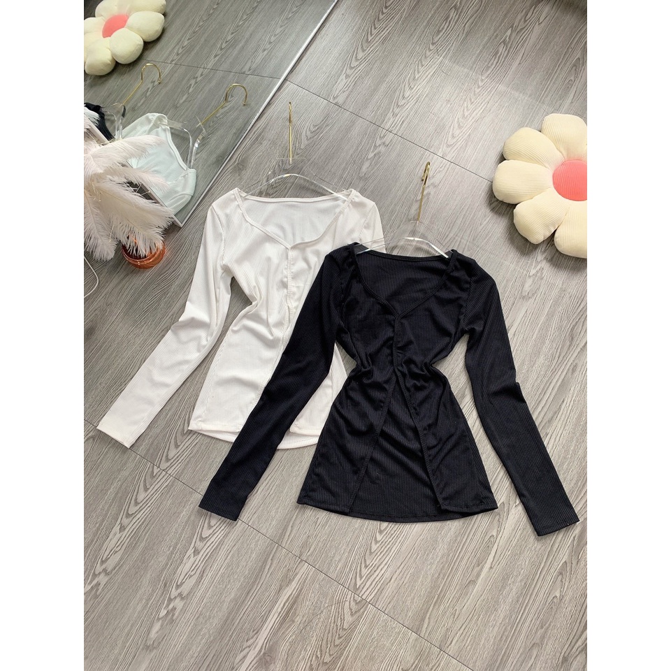 Aó thun tay dài cổ tim xẻ tà chất thun gân-ringushop