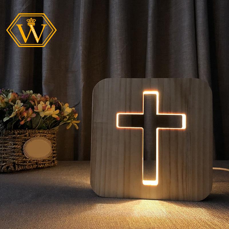 Đèn LED 3D Hình Thánh Giá Bằng Gỗ Để Bàn Kèm Sạc USB Độc Đáo Trang Trí Nhà Cửa