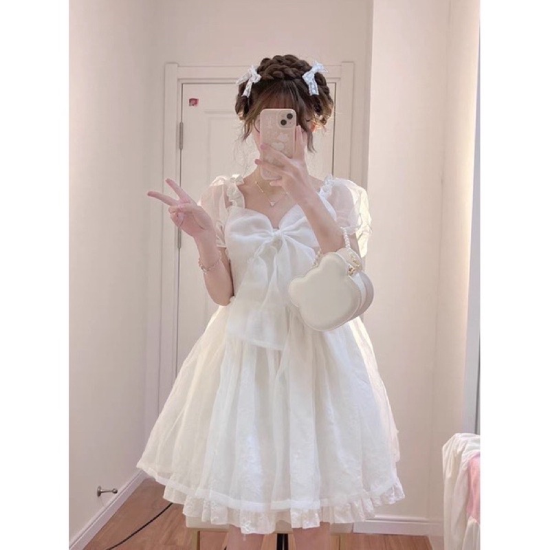 Đầm loli thắt nơ dáng ngắn 2 lớp dễ thương ☁️