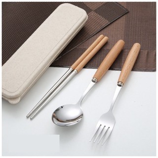 Bộ muỗng đũa nĩa inox cán gỗ sồi kèm hộp