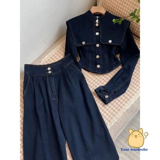 Set áo lửng tay dài + quần denim dài ống rộng thời trang nữ
