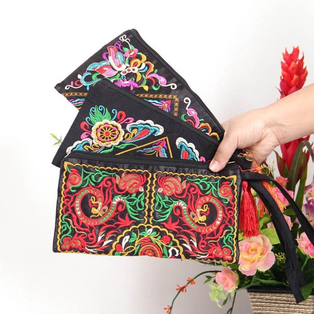 Ví Đựng Tiền Xu WMES15H Thêu Họa Tiết Thổ Cẩm Có Khóa Kéo Và Dây Đeo Cho Nữ