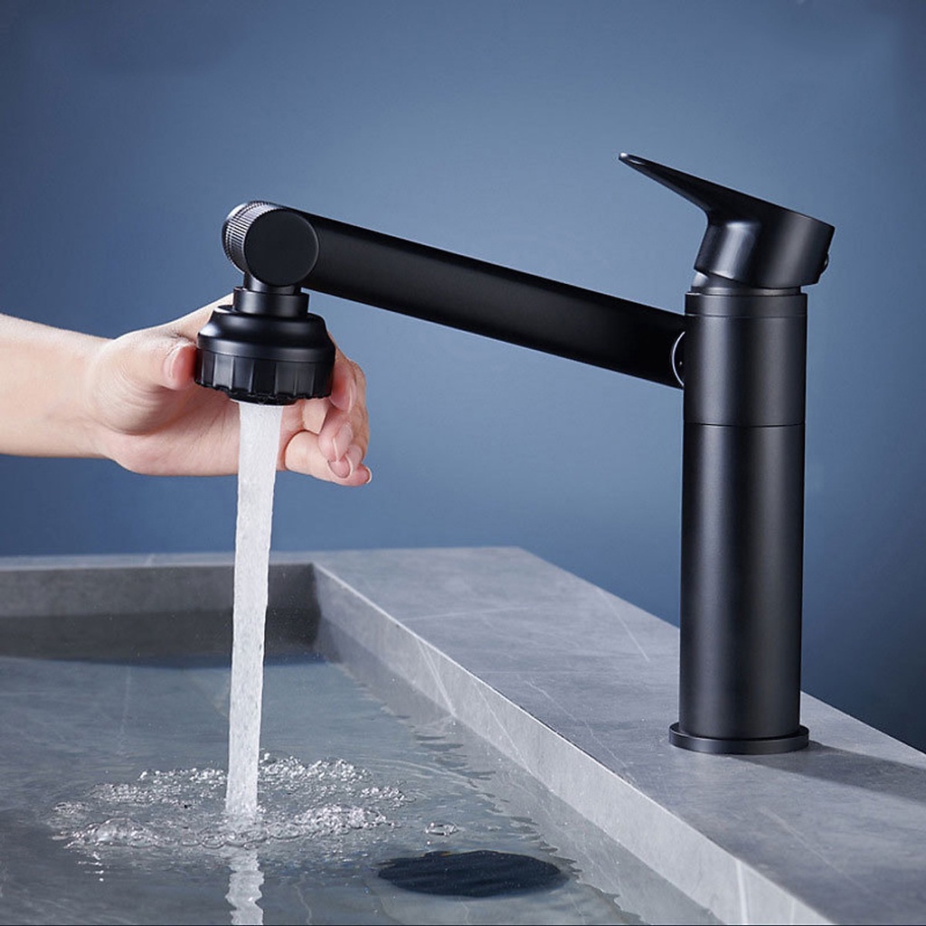 Vòi rửa mặt Lavabo N3720 nóng lạnh cổ xoay 720 độ đa chiều, củ đồng mạ Crom, điều chỉnh nhiều chế độ tia nước.màu đen
