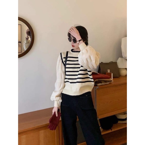 Áo len nữ cổ tròn kẻ phối tay bồng nhún siêu xinh, hàng hot kèm ảnh thật hàng - hàng có sẵn