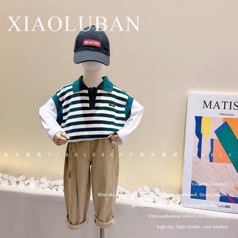 Set Áo Sơ Mi Dài Tay Họa Tiết Sọc + Áo Khoác Ghi Lê Thời Trang Cho Bé