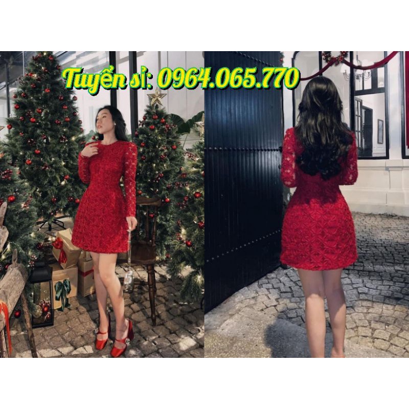 ĐẦM ĐỎ XÔ REN CỔ TRÒN TAY DÀI
