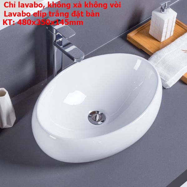Chậu rửa mặt lavabo Đặt Bàn Đá LA02 ELIP TRẮNG, men NANO trắng sáng chống ố chống bám bẩn