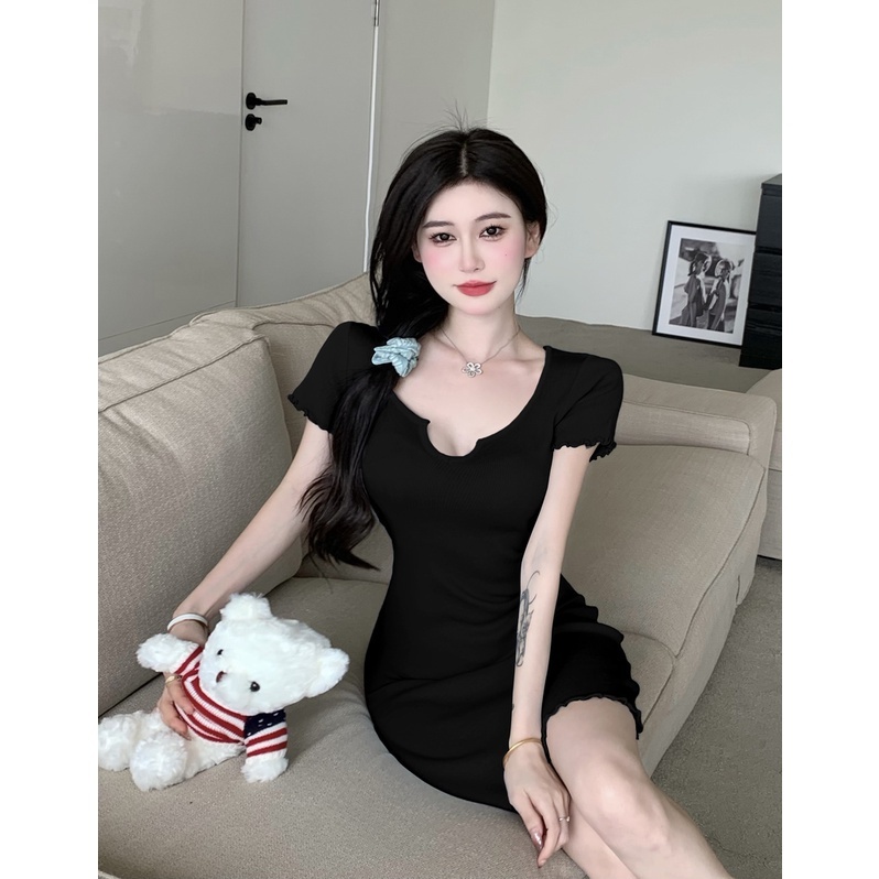 Đầm MIDI Dệt Kim Cổ Chữ V Phối Ren Thời Trang Cho Nữ