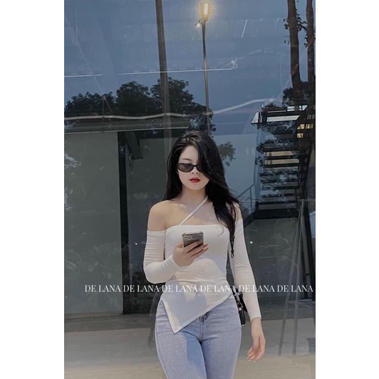 Áo kiểu hở vai cổ dây phối vạt áo chéo phong cách