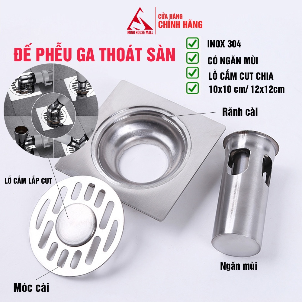 Đế phễu ga thoát sàn  Minh House Inox 304 có lỗ lắp cut chia thoát nước kiêm cổ nối máy giặt