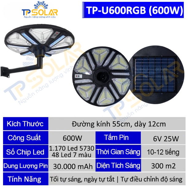 Đèn Sân Vườn Năng Lượng Mặt Trời UFO TPSolar TP-U600RGB Công Suất 600W Chiếu Sáng 7 Màu, Chống Nước IP67