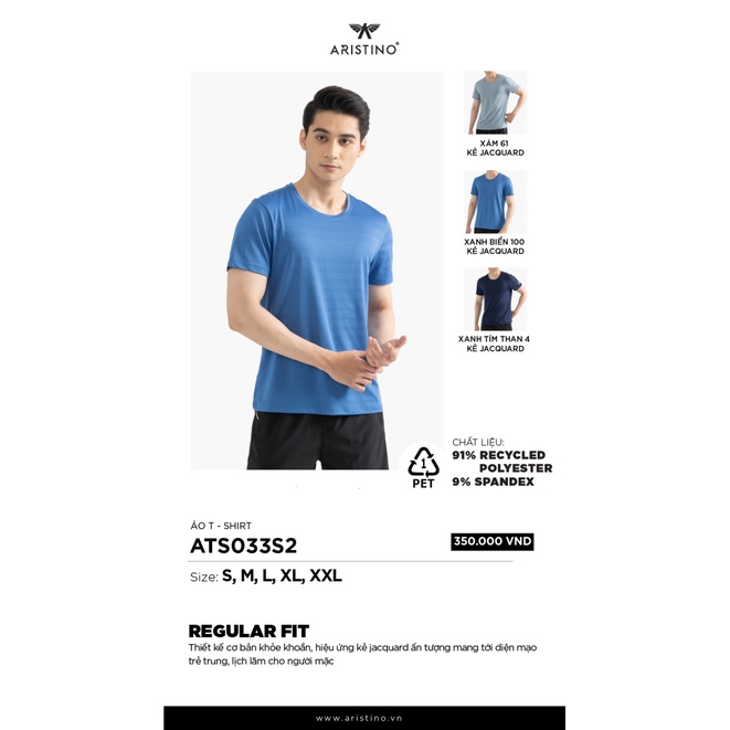 Áo t shirt nam Aristino ATS33S2 dáng Regular fit, chất thể thao polyester, hiệu ứng kẻ ngang, trơn mượt, mát, mềm
