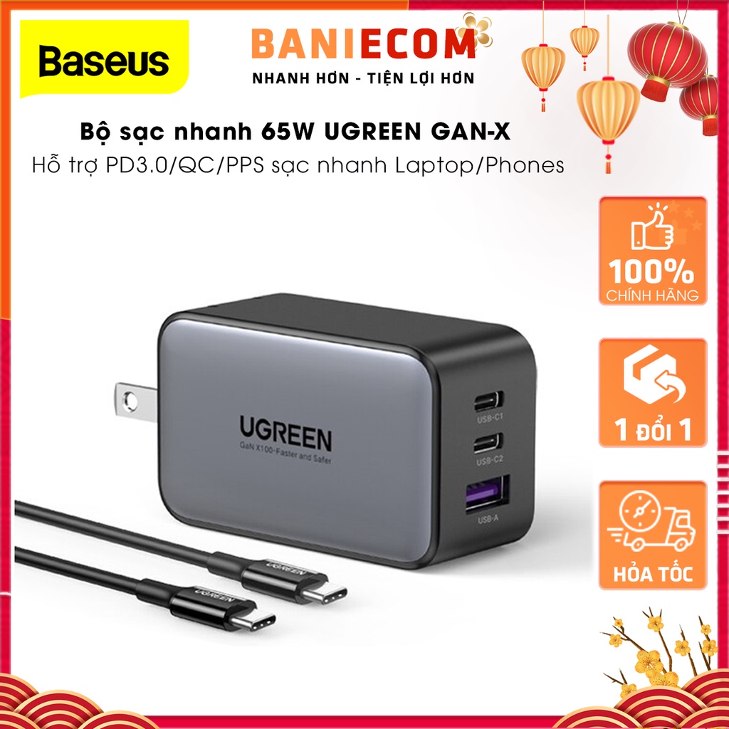 Củ sạc 65W UGREEN GaN-X Nexode 2C1A sạc nhanh Laptop/smartphone/tablet - 12 tháng BH