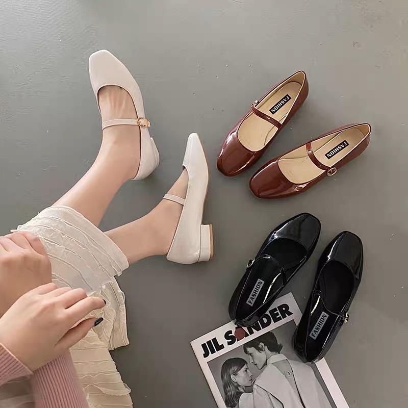 Giày búp bê Mary Jane cho nữ da trơn đế thấp 2cm có quai cài