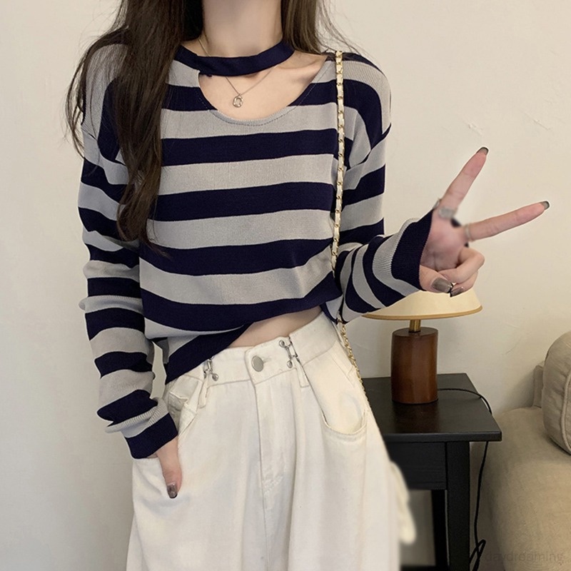 Áo Sweater Tay Dài Hoạ Tiết Kẻ Sọc Thời Trang Xuân Thu Cho Phái Nữ