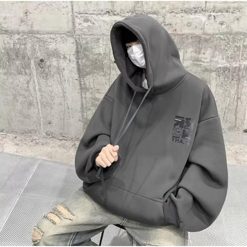 Áo Hoodie Lót Nhung Tay Dài Oversize In Họa Tiết Hoạt Hình Phong Cách Hàn Quốc Cho Nam