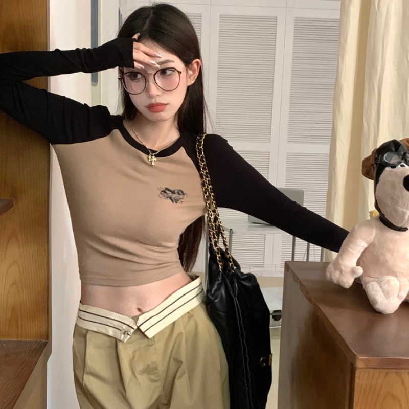 Áo Thun Tay Ngắn Dáng Ôm In Họa Tiết Màu Sắc Tương Phản Thời Trang Mùa Thu