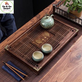 Khay gỗ ấm chén bọc viền đồng nâu-kt 43-28-5cm