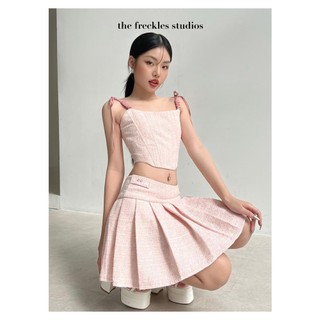 Set Áo Hai Dây Dáng Corset Và Chân Váy Ngắn Xếp Ly Xòe Freckles Studios Vải Dạ Tweed Màu Hồng