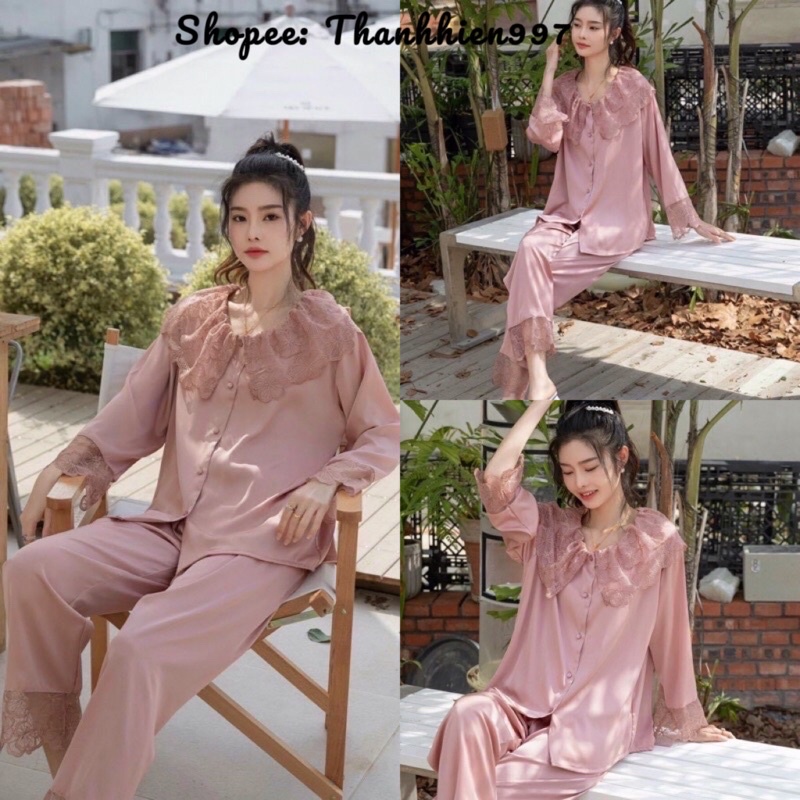 ♥️Hàng QC♥️Bộ ngủ lụa tay dài chum phối ren xinh LEISURE_Thanhhien997_lụa satin cao cấp 590.
